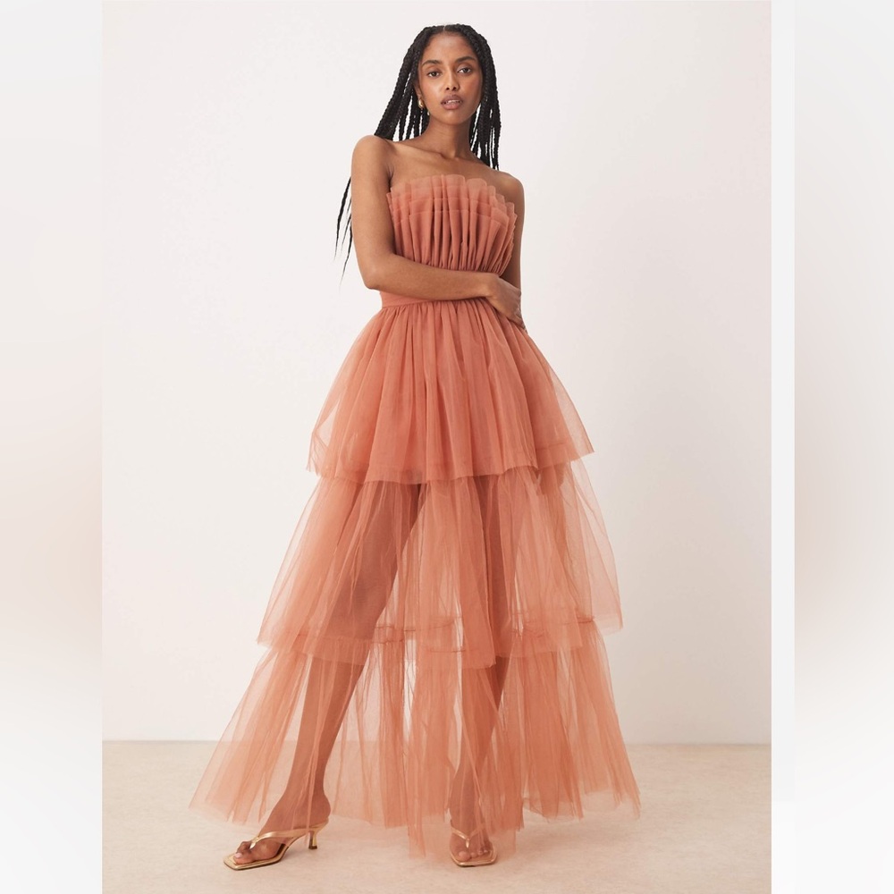 Bandeau high low maxi dress in terracotta rose